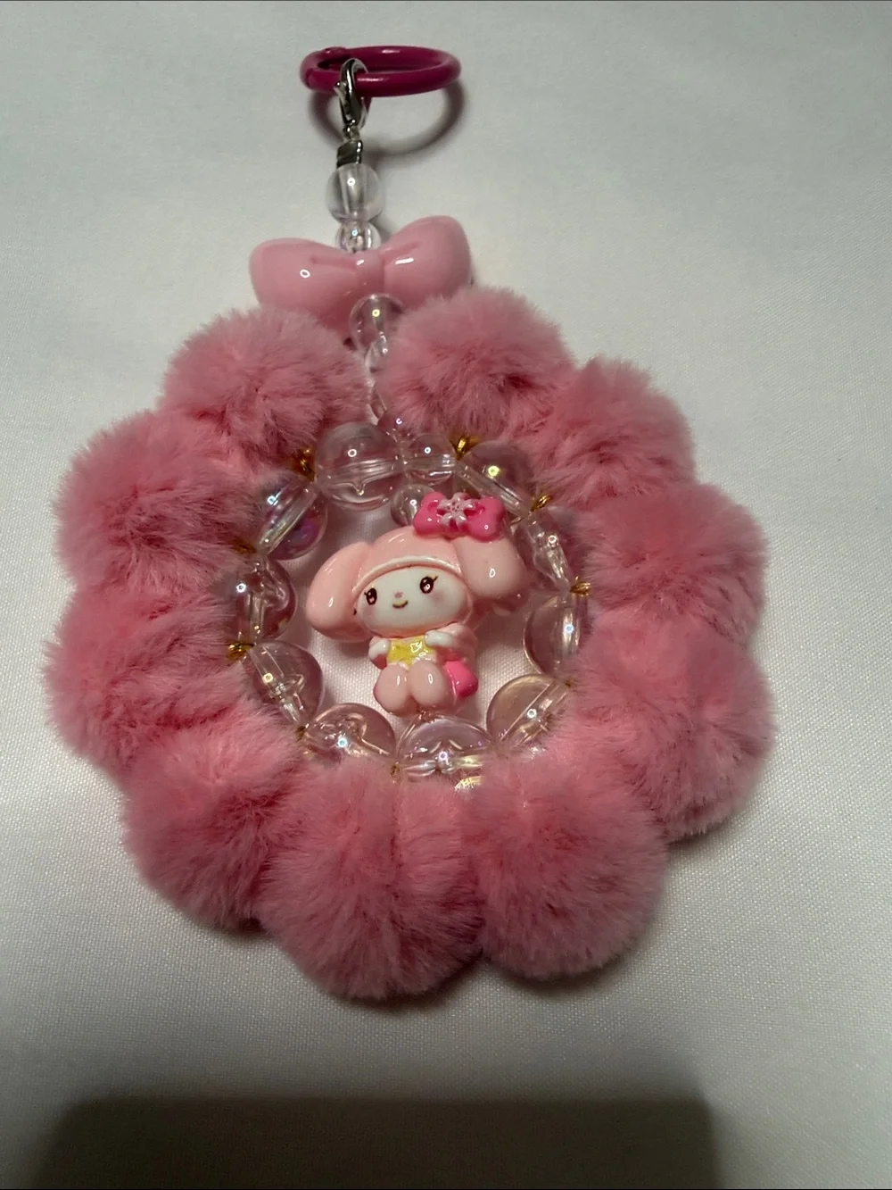 Cute Pink Pom-Pom Keychain Card Holder with Character Charm